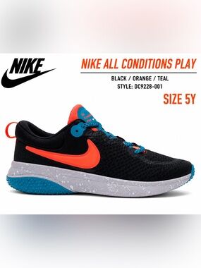 Nike All Conditions Play Running Shoes Black Orange Teal 5Y DC9228-001 NWOB
